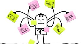 Cartoon Man Multitasking with Sticky Notes