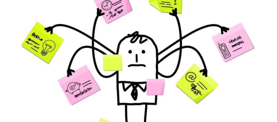 Cartoon Man Multitasking with Sticky Notes